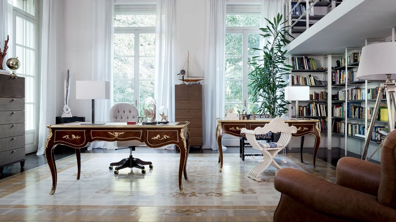 modern office room interior design with refurbished vintage furniture