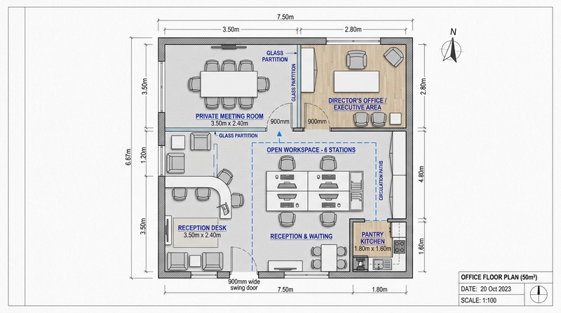 Một mặt bằng thiết kế văn phòng 50m² có quầy lễ tân, phòng họp, phòng lãnh đạo riêng (Nguồn: Internet)