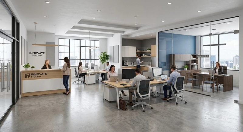 Góc làm việc của trưởng phòng được ngăn cách bằng vách kính cường lực trong văn phòng phong cách hiện đại (Nguồn: Internet)