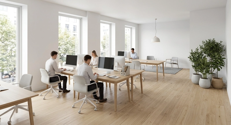 Văn phòng Scandinavian 50m² với sàn gỗ sáng, cây xanh góc phòng, ghế làm việc vải linen - không gian thư thái, giảm áp lực (Nguồn: Internet)