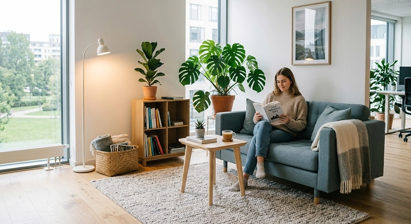 Góc nghỉ ngơi trong văn phòng Scandinavian: sofa nhỏ màu xám xanh, thảm len, cây xanh và sách - điểm tái tạo năng lượng giữa giờ làm(Nguồn: Internet)