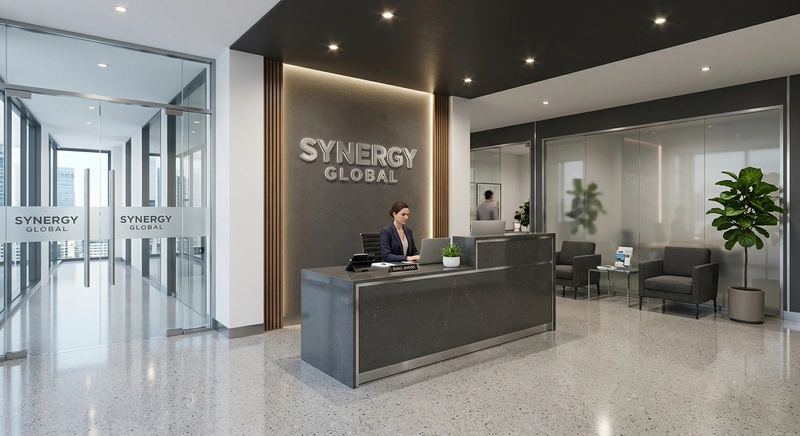 Văn phòng Corporate 50m² với quầy lễ tân ốp đá nhân tạo, logo thương hiệu nổi trên tường, đèn downlight chiếu điểm - chuyên nghiệp ngay từ cửa vào (Nguồn: Internet)