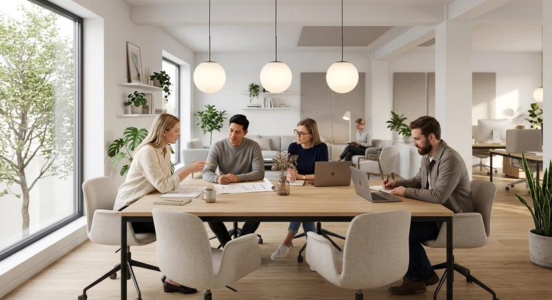 Tường trắng ngà và sàn gỗ sáng màu trong văn phòng 50m² - màu sắc nhẹ nhàng giúp không gian trông rộng và thông thoáng hơn thực tế (Nguồn: Internet)