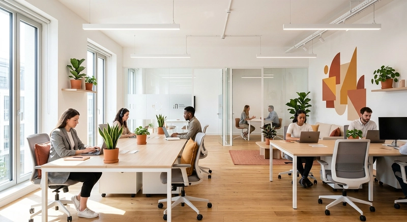 Màu thương hiệu (cam đất) xuất hiện tinh tế qua gối tựa, tranh tường và chậu cây - nhận diện thương hiệu mà không làm rối mắt (Nguồn: Internet)