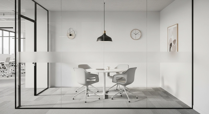Phòng họp tối giản 10m2 với bàn dài màu trắng, ghế mảnh và một bức tường kính mờ tạo ranh giới với khu làm việc chung (Nguồn: Internet)