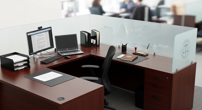 Chi tiết góc làm việc riêng của từng công chứng viên với vách ngăn acoustic kết hợp kệ hồ sơ (Nguồn: Internet)