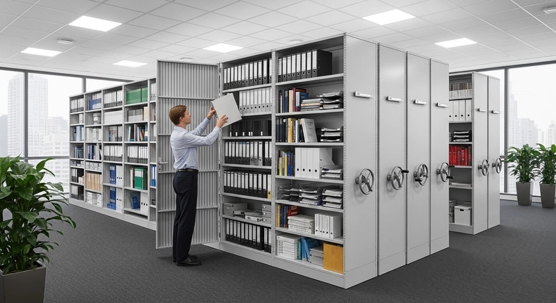Hệ thống kệ thép di động trong phòng lưu trữ văn phòng công chứng - tối ưu diện tích, phân loại khoa học, dễ truy xuất hồ sơ (Nguồn: Internet)