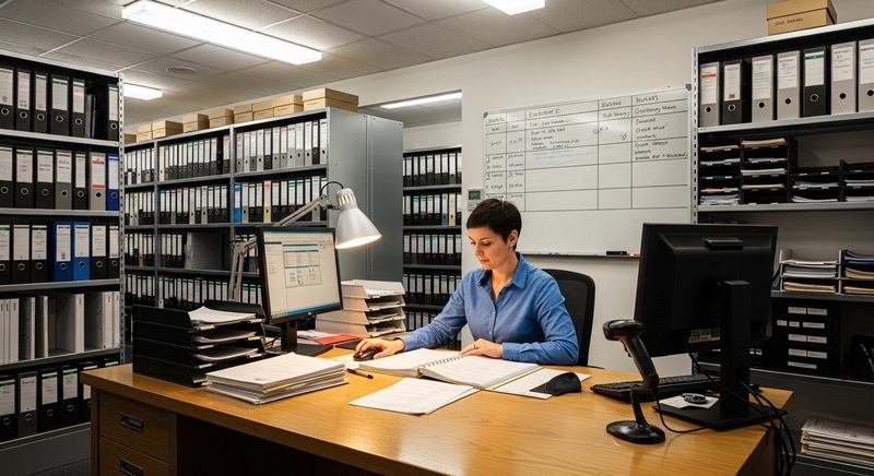 Khu vực lưu trữ kết hợp bàn kiểm tra hồ sơ - thiết kế tiện dụng cho nhân viên tra cứu và xử lý tài liệu ngay tại chỗ (Nguồn: Internet)