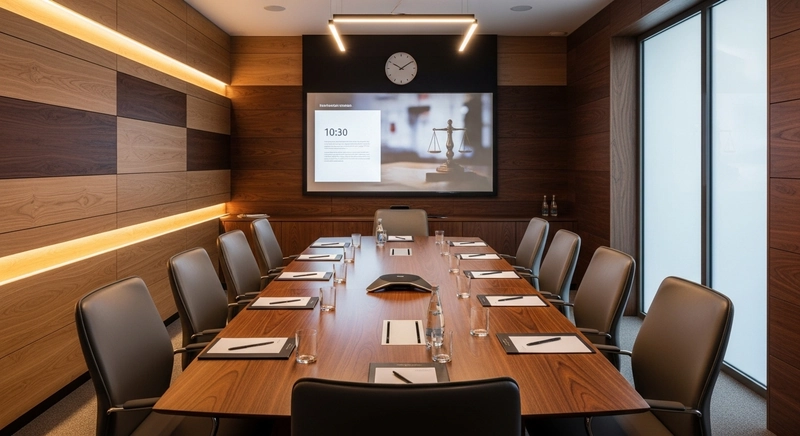 Phòng họp văn phòng công chứng với bàn họp 10 ghế, TV trình chiếu 85 inch, tường ốp gỗ tiêu âm - đủ điều kiện cho mọi cuộc thảo luận quan trọng (Nguồn: Internet)