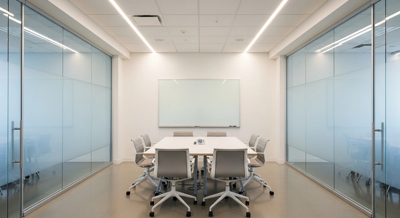 Phòng họp nhỏ 6 ghế phong cách tối giản - vách kính mờ, đèn LED âm trần, bảng viết nam châm - linh hoạt, hiện đại và dễ vệ sinh (Nguồn: Internet)