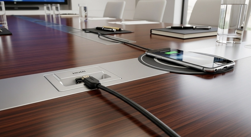 Chi tiết mặt bàn họp tích hợp cổng kết nối HDMI và sạc không dây - giải pháp công nghệ tiện dụng trong không gian họp chuyên nghiệp (Nguồn: Internet)