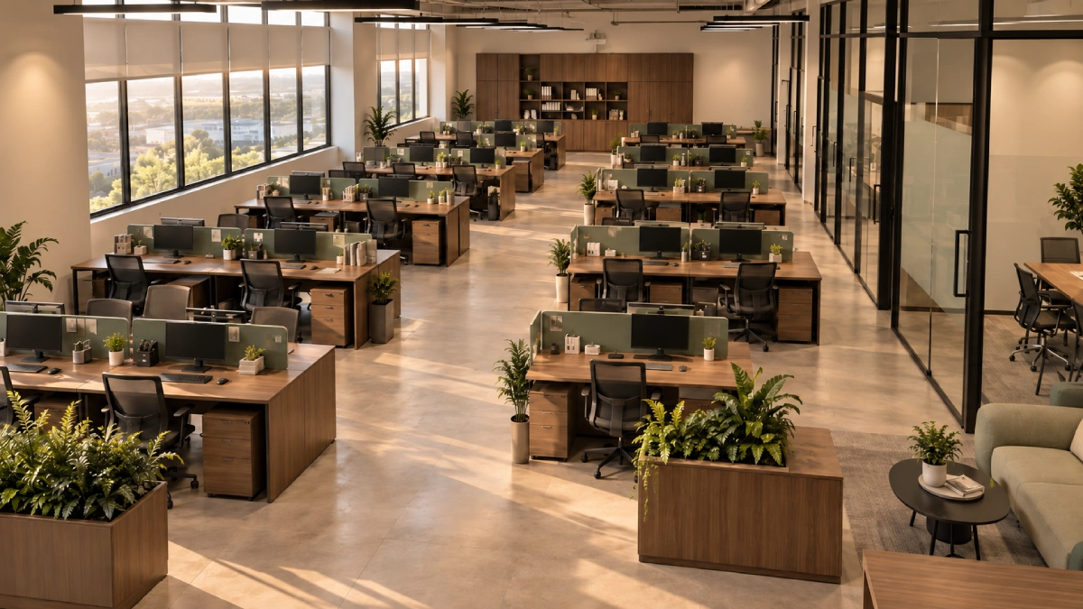 Mẫu thiết kế văn phòng nhà máy 100 500m2 bố trí chỗ ngồi theo cụm phòng ban