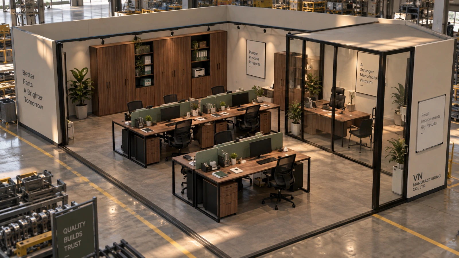 Mẫu thiết kế văn phòng nhà máy dưới 100m2 với khu làm việc mở và vách ngăn thấp