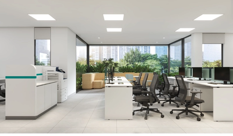 Khoảng cách tối thiểu 90cm giữa các bàn giúp nhân viên kéo ghế ngồi xuống mà không chạm vào nhau (Nguồn: Deco Crystal) 