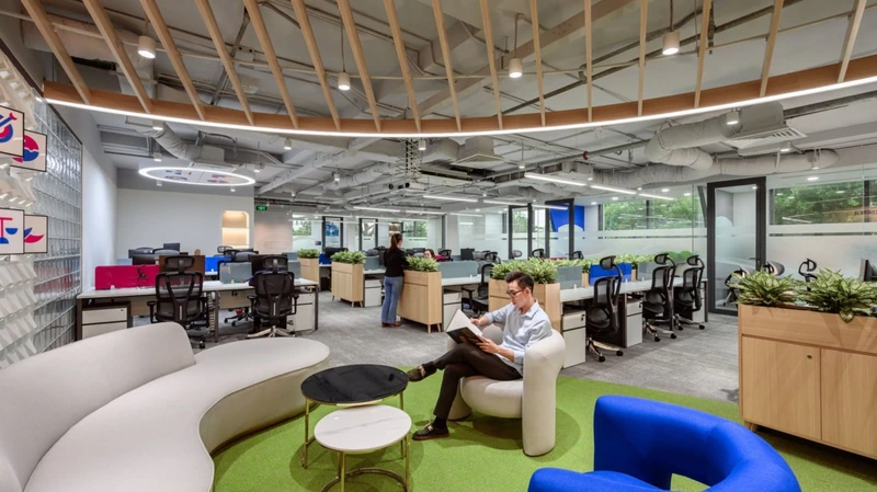 Vibrant corporate blues, greens, or oranges are woven into rattan screens, tile patterns, and upholstery accents (Source: Internet) 