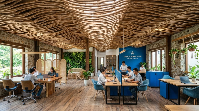 An innovative co-working space featuring a dynamic, wavy ceiling crafted entirely from raw, natural timber branches (Source: Internet) 