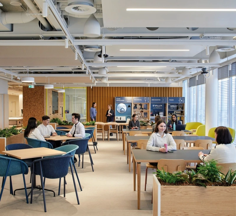 A masterclass in soft industrial design, where warm cork and light timber partitions elegantly contrast with corrugated steel structures (Source: Internet) 