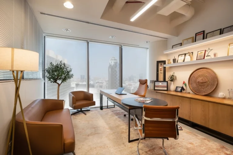 Modern boss office cabin design with executive desk, natural light and minimalist furniture