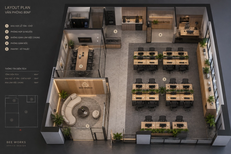 Mẫu thiết kế mặt bằng văn phòng 80m² (Nguồn: Internet)