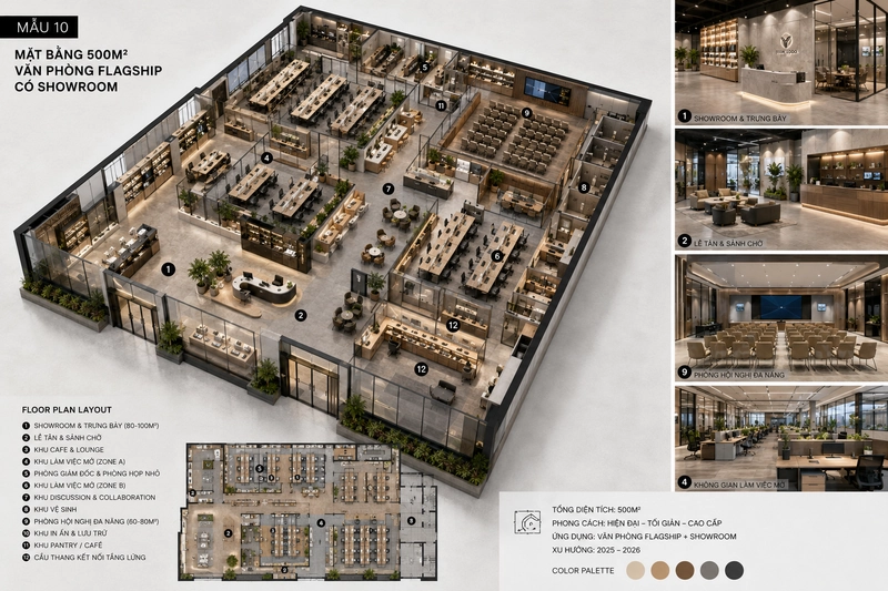 Mẫu thiết kế mặt bằng văn phòng flagship có showroom (Nguồn: Internet)