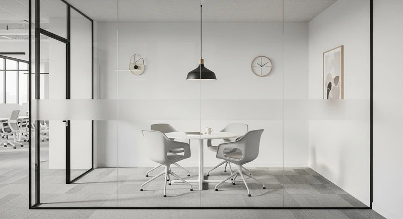 Phòng họp tối giản 10m2 với bàn dài màu trắng, ghế mảnh và một bức tường kính mờ tạo ranh giới với khu làm việc chung (Nguồn: Internet) 