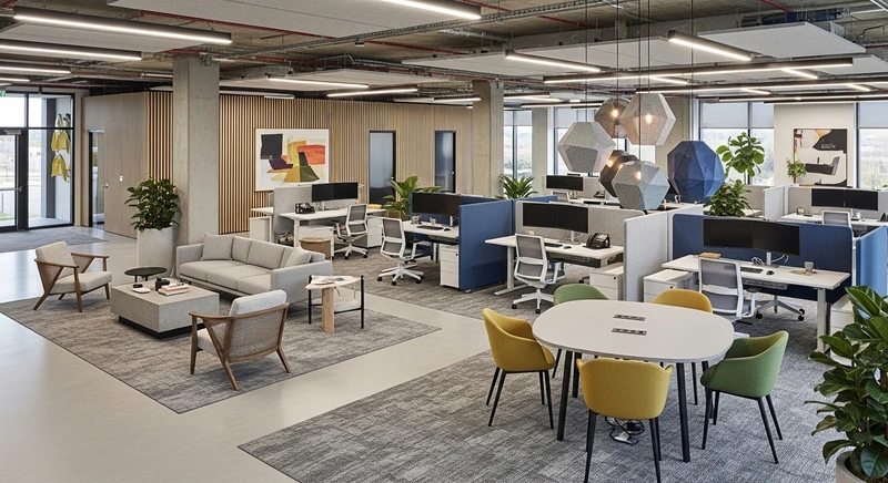 Văn phòng 80m2 phong cách Hiện đại với tông màu trắng - xám chủ đạo, thêm điểm nhấn màu sắc sinh động (Nguồn: Internet) 