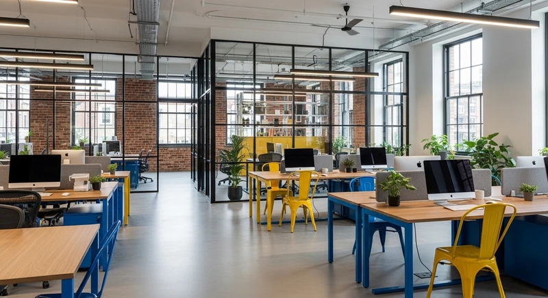 Văn phòng 80m2 phong cách hiện đại với tường gạch trần, kết hợp nội thất thép sơn màu và cây xanh điểm xuyết (Nguồn: Internet) 