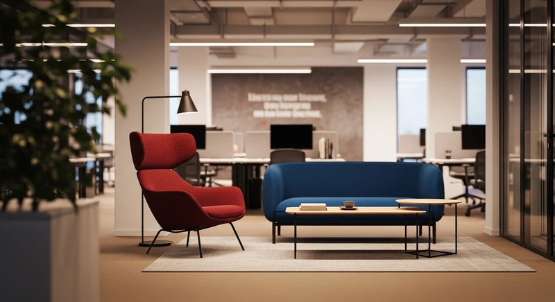 Góc sáng tạo trong văn phòng hiện đại - ghế sofa đơn màu đậm, đèn đứng và bàn cà phê thấp tạo không gian làm việc thay thế (Nguồn: Internet) 