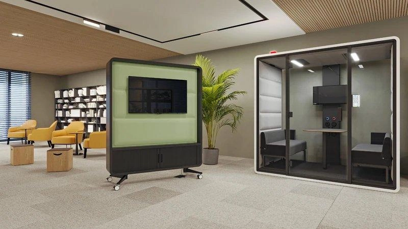 Vách ngăn di động và buồng họp lắp ghép giúp nội thất văn phòng 80m2 đổi công năng nhanh