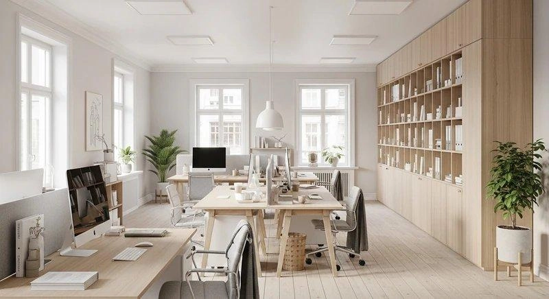 Hệ tủ gỗ sáng chạy hết một mặt tường, cách lưu trữ quen thuộc của nội thất văn phòng 80m2