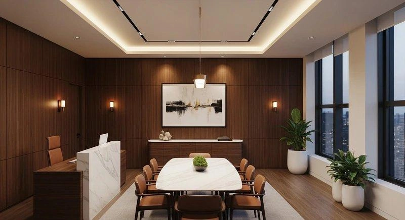 Gỗ óc chó ốp tường kết hợp bàn đá marble trong thiết kế nội thất văn phòng 80m2 cho công ty luật