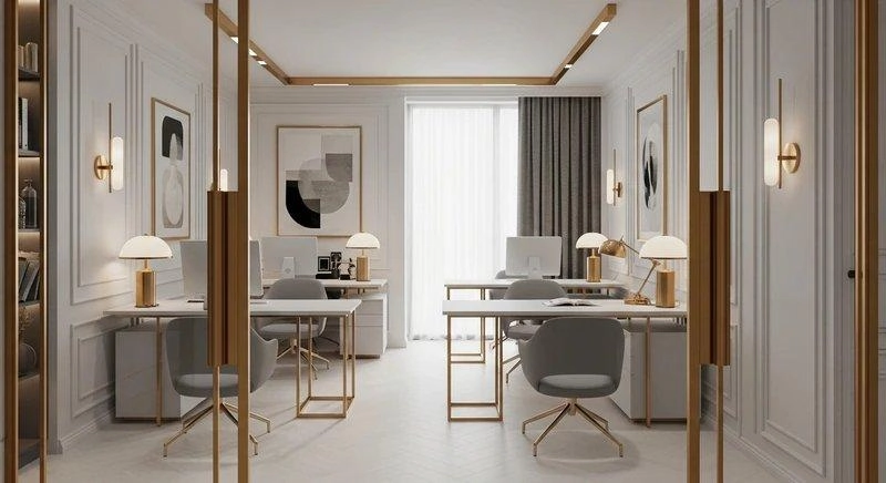 Khung kim loại vàng đồng và đèn nấm làm ấm nền trắng của một văn phòng 80m2 phong cách tối giản