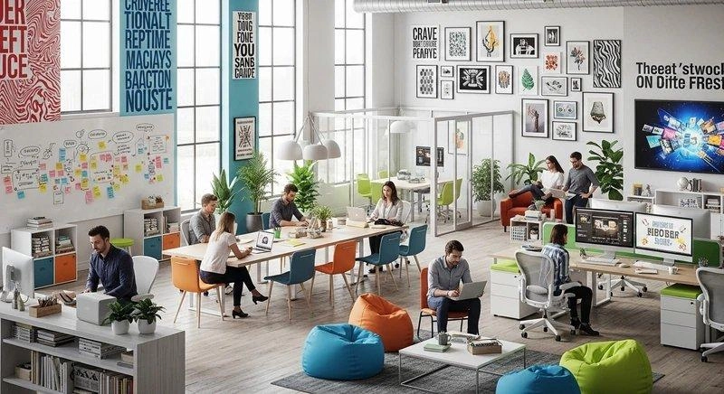 Khu làm việc sáng tạo nhiều màu với tường ghi chú, ghế lười và bàn dài trong văn phòng 80m2