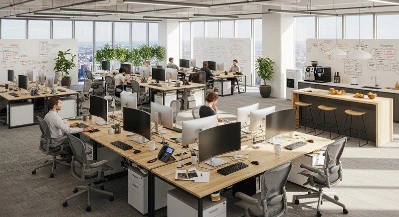 Khu làm việc dùng vách bảng viết và đèn rọi đều mặt bàn trong văn phòng 80m2 công ty thiết kế
