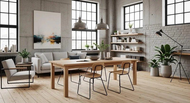 Tường bê tông thô và gạch trắng đi cùng bàn gỗ mộc trong nội thất văn phòng 80m2 pha Japandi