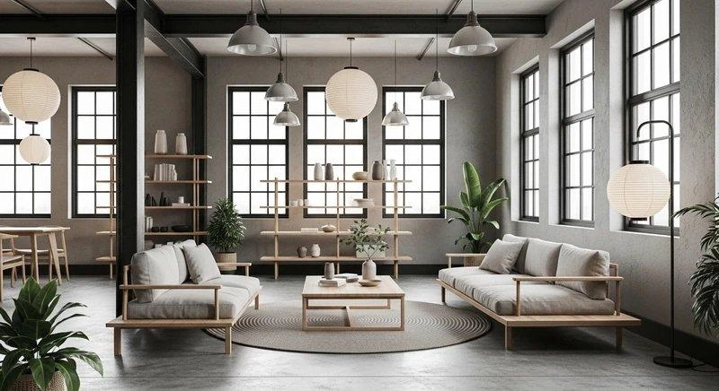 Đèn lồng giấy, ghế gỗ thấp và kệ mở xếp dọc hệ cửa sổ lớn của một không gian văn phòng 80m2