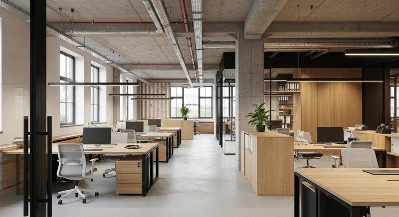 Vách kính khung thép phân khu nhưng vẫn nhìn xuyên suốt trong mẫu thiết kế văn phòng 80m2