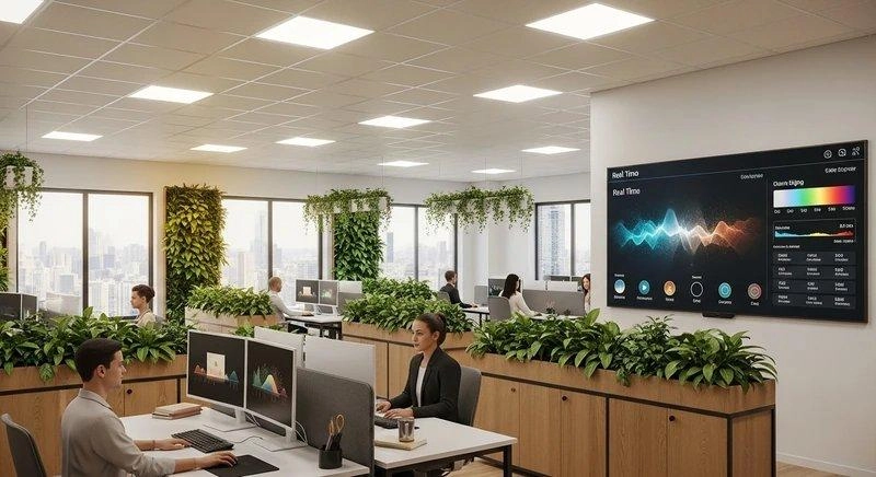 Trần đèn LED tấm lớn kết hợp bồn cây ngăn bàn trong văn phòng 80m2 chỉ có cửa sổ một mặt