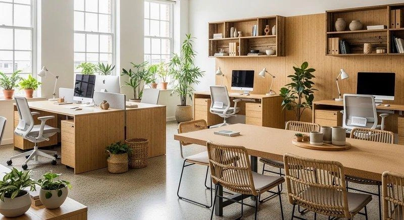 Bàn gỗ, ghế mây và chậu cây phủ khắp mẫu thiết kế văn phòng 80m2 dùng vật liệu tự nhiên