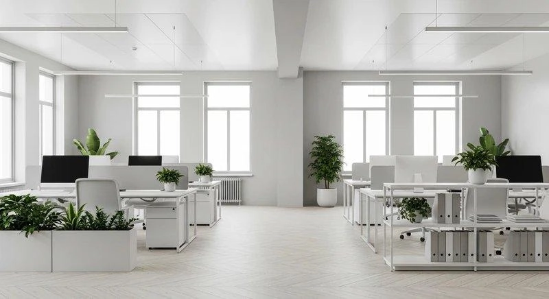 Bố cục trắng tinh gọn dùng chậu cây thay tranh treo tường trong thiết kế văn phòng 80m2