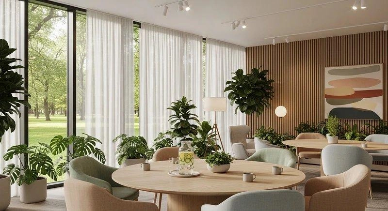 Bàn tròn và ghế bọc nệm thay bàn họp dài, cách tiết kiệm vài mét vuông cho văn phòng 80m2
