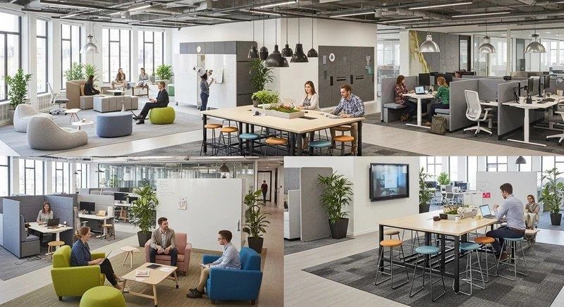 Bốn góc chụp một văn phòng 80m2 linh hoạt: bàn dùng chung, tủ khóa cá nhân và khu lounge