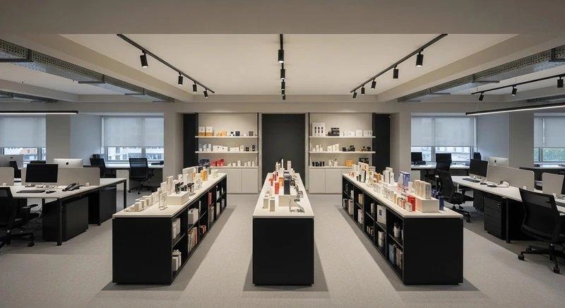 Kệ trưng bày sản phẩm đặt giữa hai dãy bàn trong mẫu thiết kế văn phòng 80m2 kiêm showroom