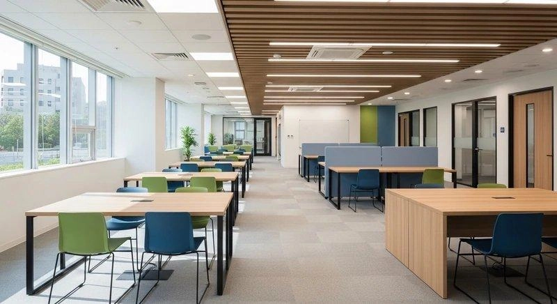 Bàn ghép di chuyển được và phòng nhỏ dọc hành lang trong bố trí văn phòng 80m2 ngành giáo dục