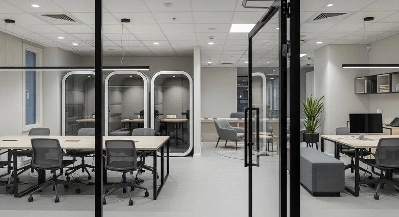 Buồng gọi điện riêng kê cạnh bàn hot-desk và khu lounge trong không gian văn phòng 80m2