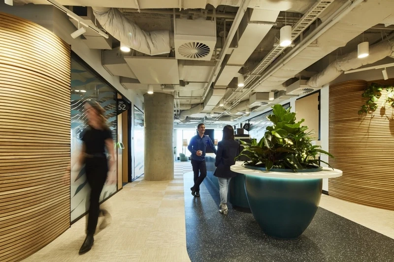 Slatted-wood curves and a backlit Fiddle Leaf Fig planter bring organic texture and unexpected natural warmth to this modern workspace interior design.