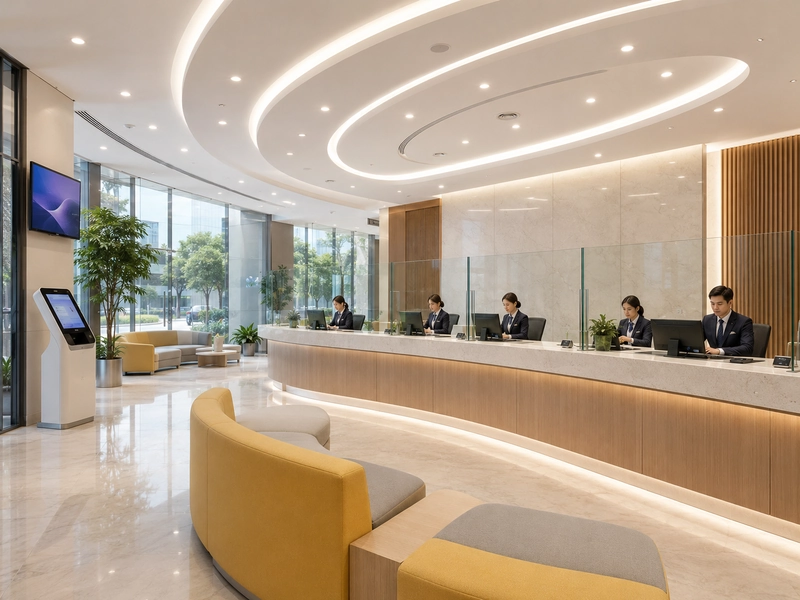 Thiết kế văn phòng giao dịch ngân hàng với backdrop logo đặt chính diện cửa vào