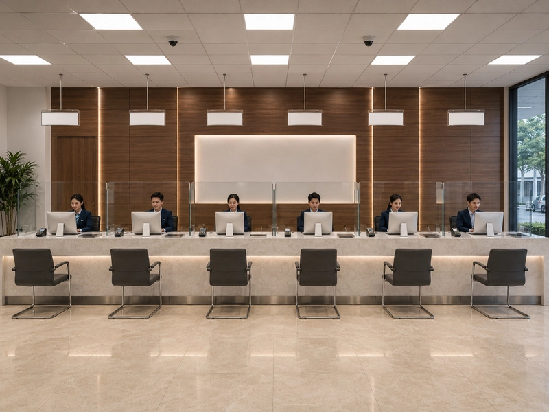 Dãy 6 vị trí quầy trong thiết kế văn phòng giao dịch, backdrop logo chạy hết mảng tường sau lưng