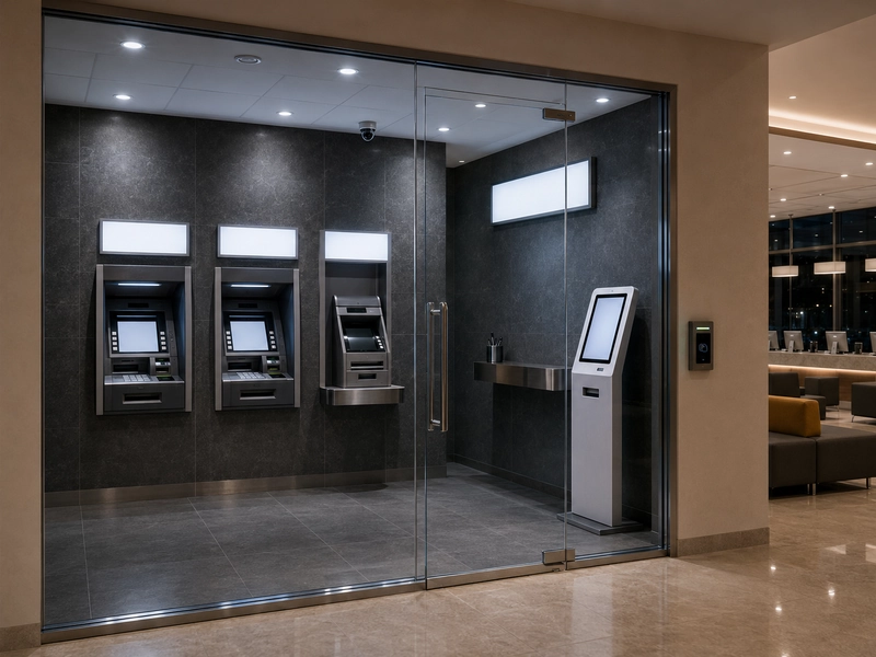 Khu Digital Banking trong thiết kế văn phòng giao dịch nằm tách riêng, có cửa kính ngăn với sảnh chính