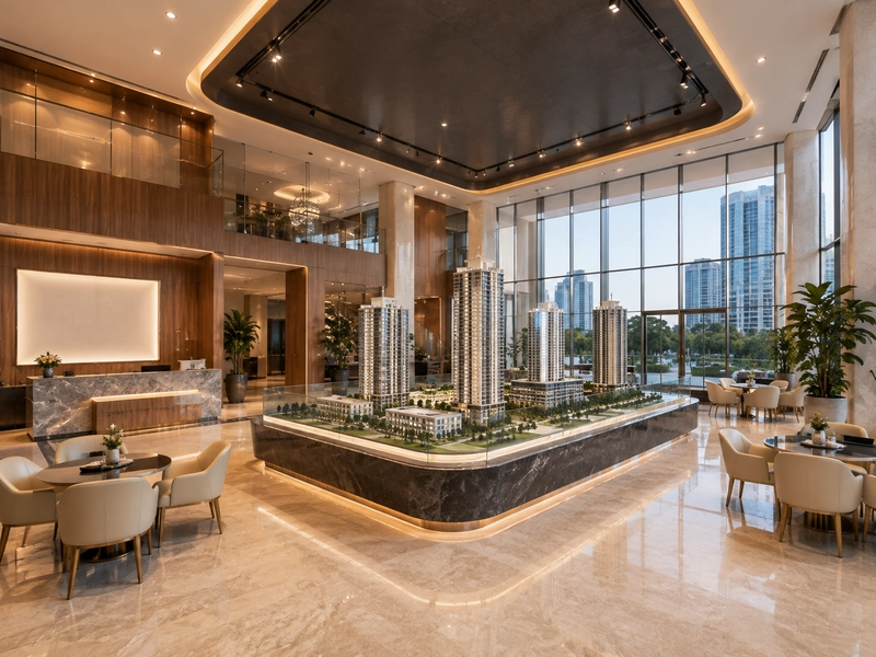 Thiết kế văn phòng giao dịch bất động sản nhìn toàn cảnh: sa bàn giữa phòng, bàn tư vấn vây quanh
